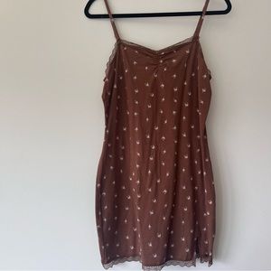 H&M slip dress in brown with dainty little pink flowers and lace trim
